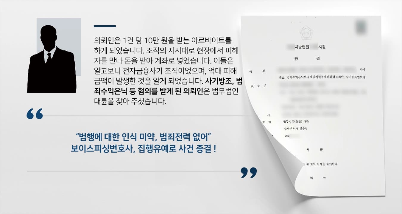 의뢰인은 1건 당 10만 원을 받는 아르바이트를 하게 되었습니다. 조직의 지시대로 현장에서 피해자를 만나 돈을 받아 계좌로 넣었습니다. 이들은 알고보니 전자금융사기 조직이었으며, 억대 피해 금액이 발생한 것을 알게 되었습니다. 사기방조, 범죄수익은닉 등 혐의를 받게 된 의뢰인은 법무법인 대륜을 찾아 주셨습니다.